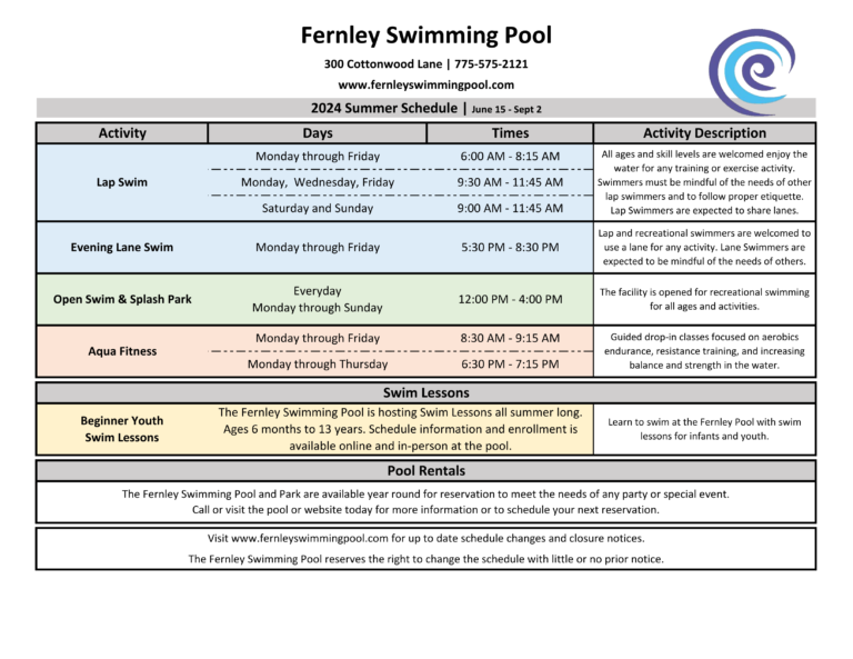 Fernley Swimming Pool Winter 2024 Schedule