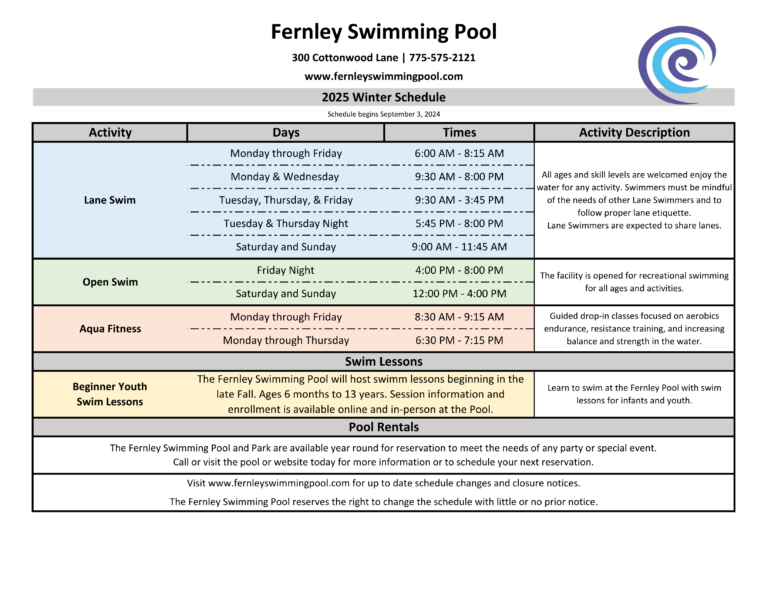 Fernley Swimming Pool Winter 2025 Schedule