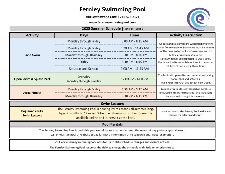 Fernley Swimming Pool Summer 2025 Schedule